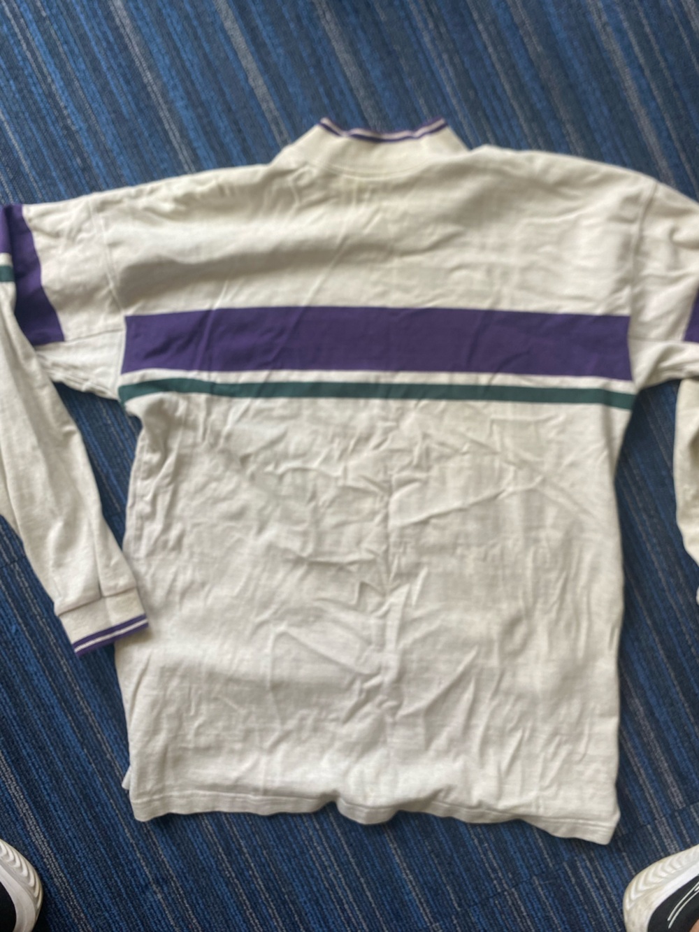 Vintage men’s L.L. Bean White Long-Sleeve Polo with Purple and Green Stripe